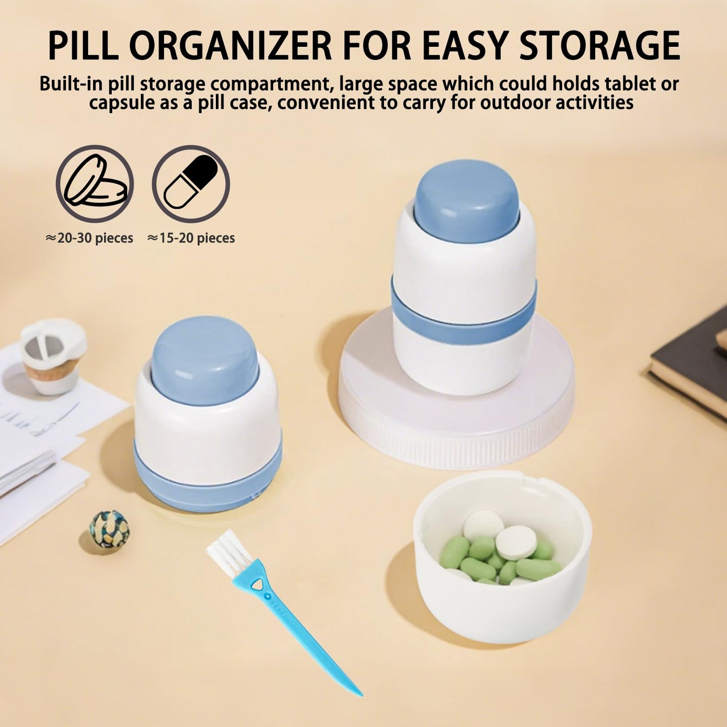 GAONLY medication organizer showing small and large vitamins placed inside the adjustable guide slot