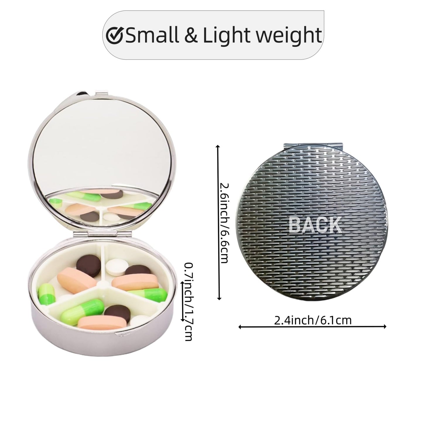 Open view of the compact travel pill organizer revealing three internal compartments and built in mirror