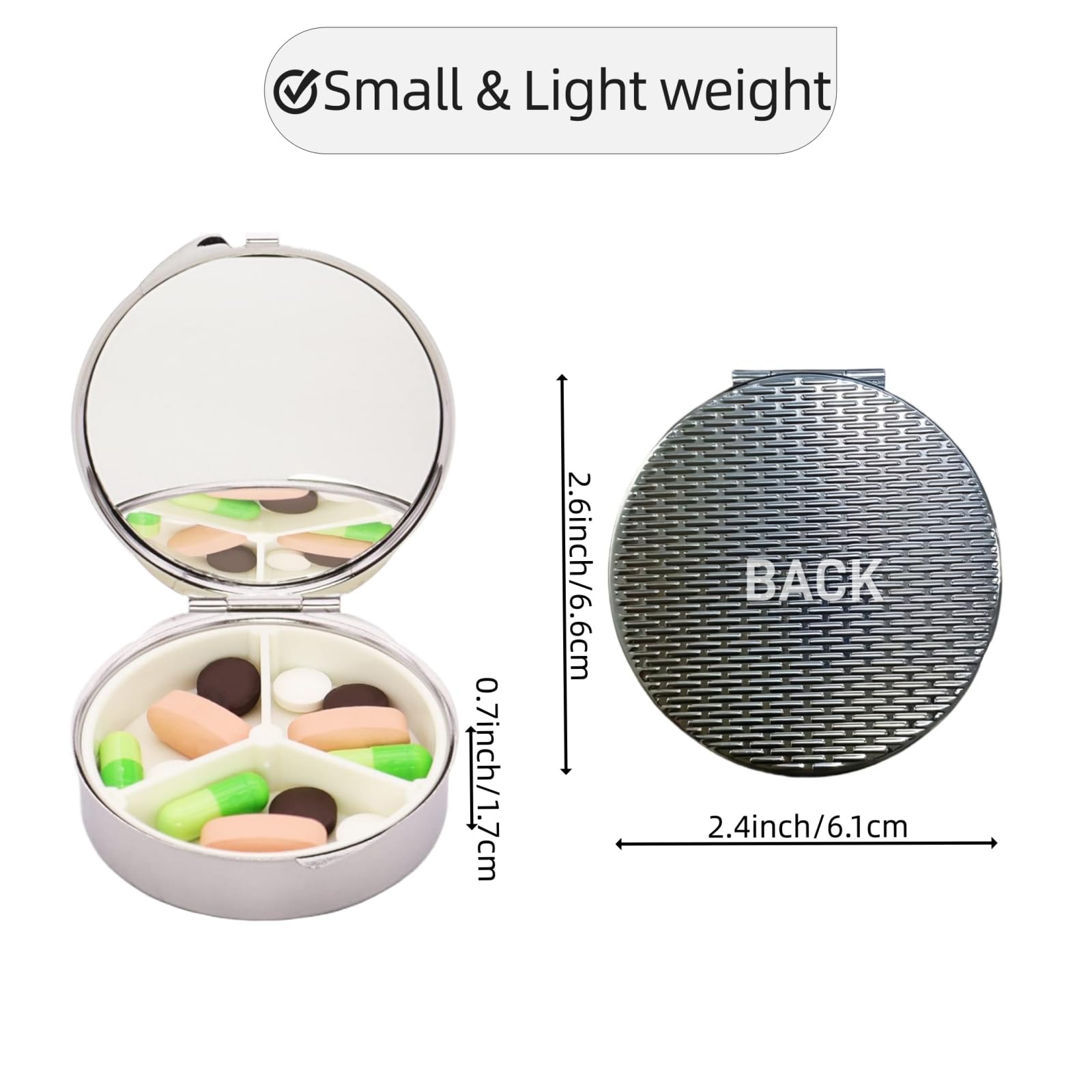 Open view of the compact travel pill organizer revealing three internal compartments and built in mirror