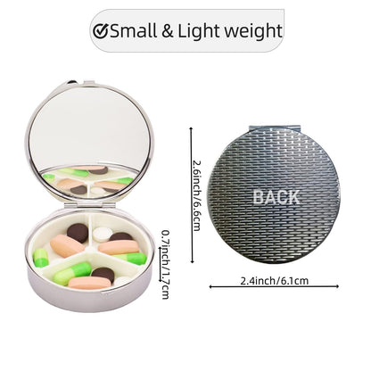 Open view of the compact travel pill organizer revealing three internal compartments and built in mirror
