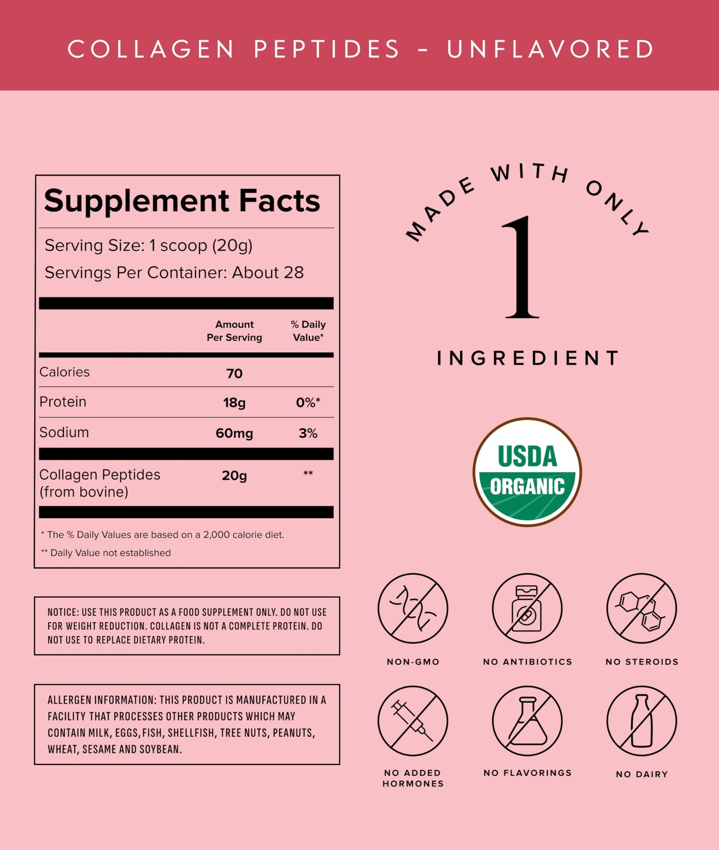Truvani unflavored grass-fed collagen protein powder supplement nutrition facts panel close up