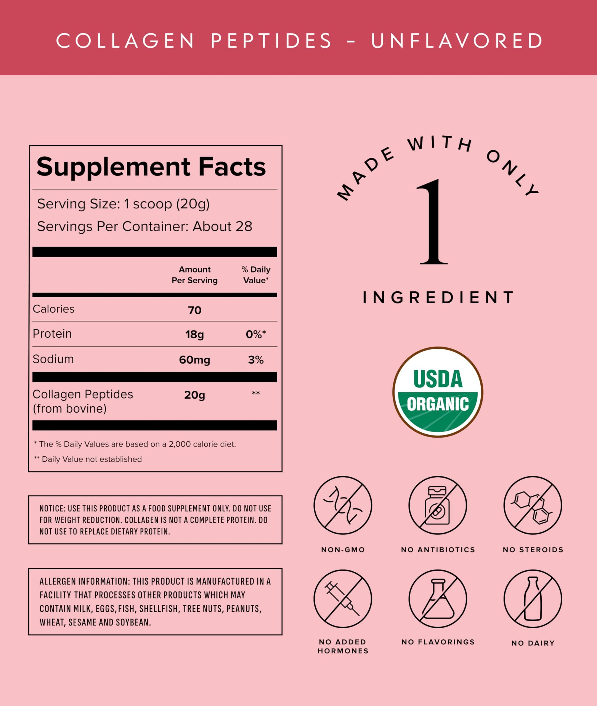 Truvani unflavored grass-fed collagen protein powder supplement nutrition facts panel close up