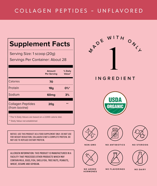 Truvani unflavored grass-fed collagen protein powder supplement nutrition facts panel close up