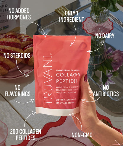 Back label of Truvani hydrolyzed bovine collagen highlighting single ingredient purity and sourcing details