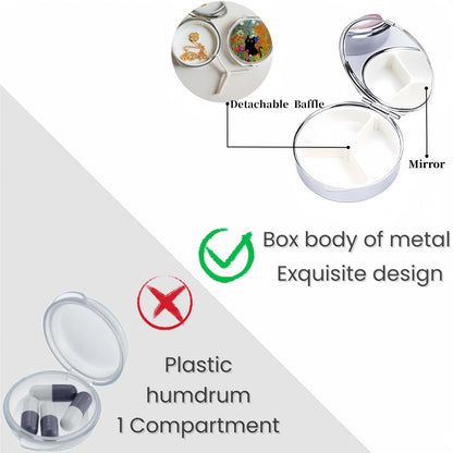 Side angle of the portable metal medicine box demonstrating its slim pocket sized profile