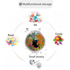 Detachable plastic compartment insert being removed from the round flower cat pattern pill container