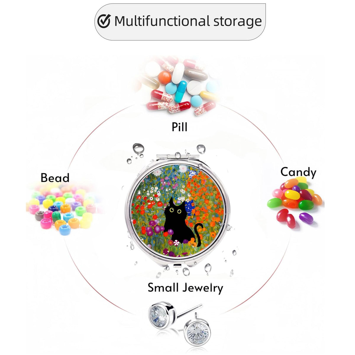 Detachable plastic compartment insert being removed from the round flower cat pattern pill container
