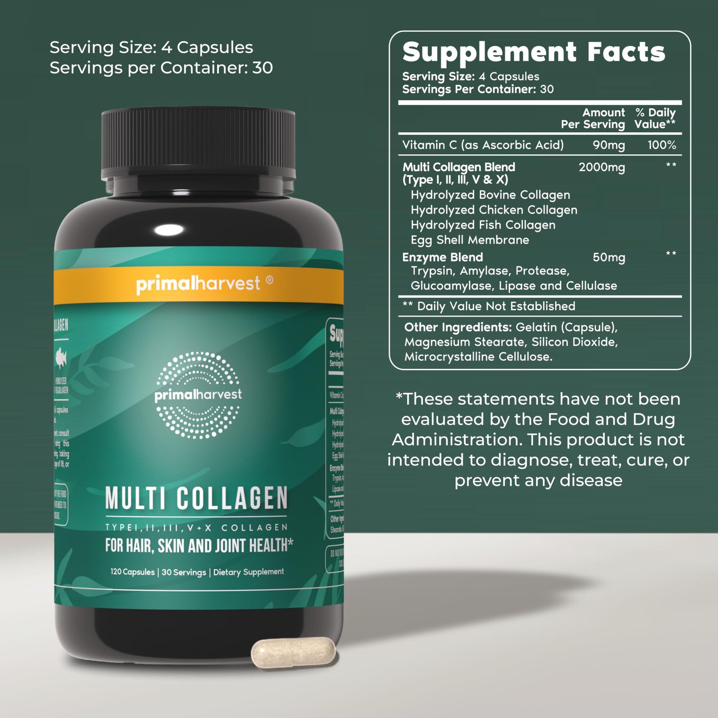 Primal Harvest daily collagen pills showing the five types of collagen blend