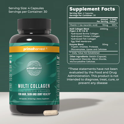 Primal Harvest daily collagen pills showing the five types of collagen blend