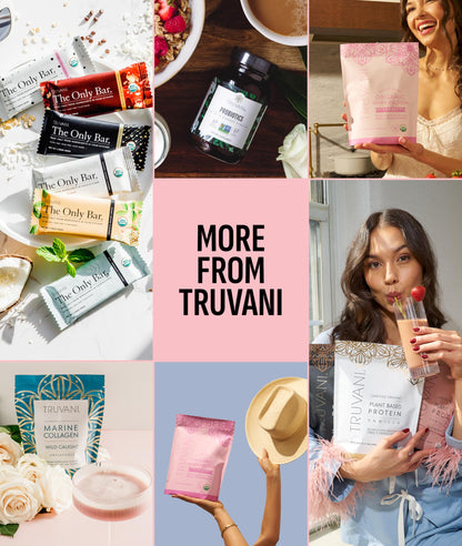 Truvani authentic USA imported hydrolyzed collagen powder container displayed on a clean wooden kitchen countertop