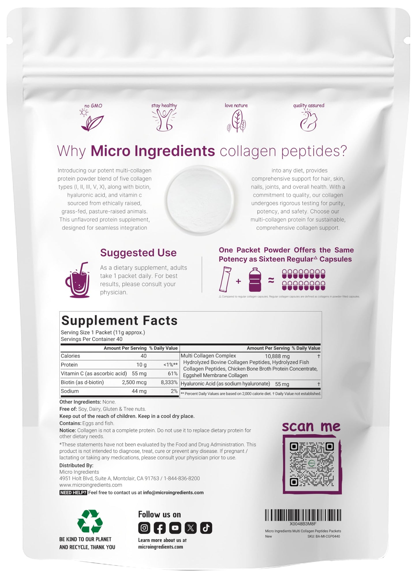 Hydrolyzed multi collagen protein packets showing types one two three five and ten collagen ingredients.