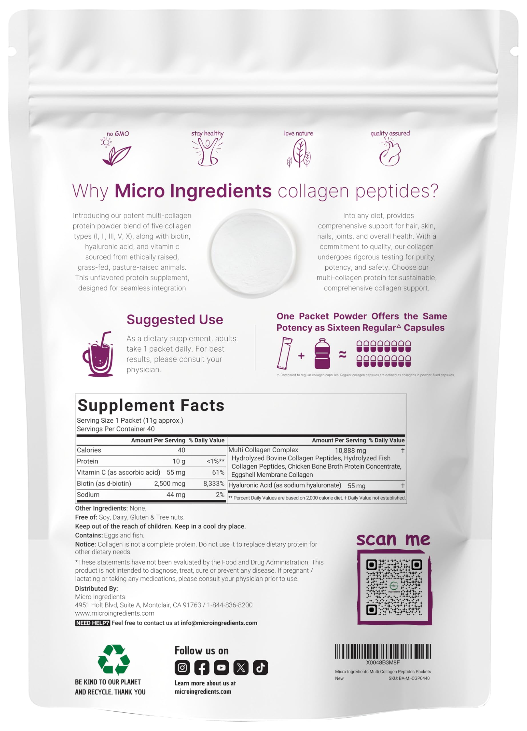 Hydrolyzed multi collagen protein packets showing types one two three five and ten collagen ingredients.
