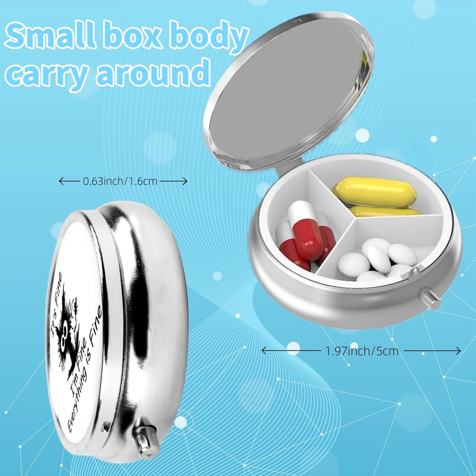 FEODOXO portable mini size metal pill box shown open to display the three internal compartments for organizing daily medications three times a day.