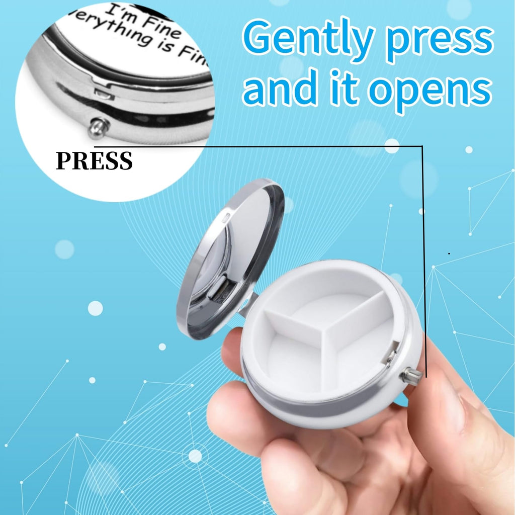 FEODOXO compact travel pill container held in hand to demonstrate its pocket sized portability for purse and handbag storage.