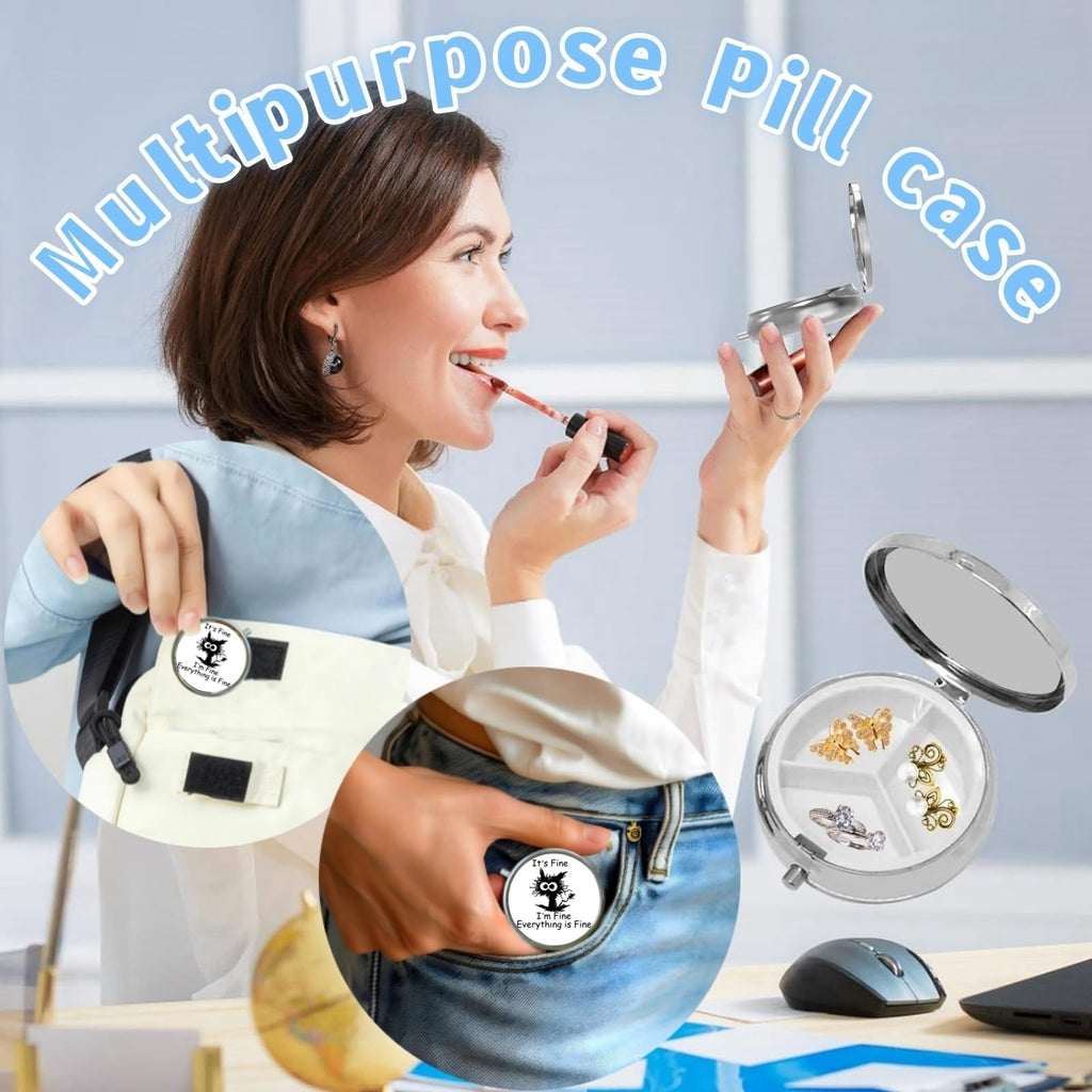 FEODOXO three slot metal capsule case styled next to travel essentials emphasizing its stylish aesthetic and practical daily wellness functionality.