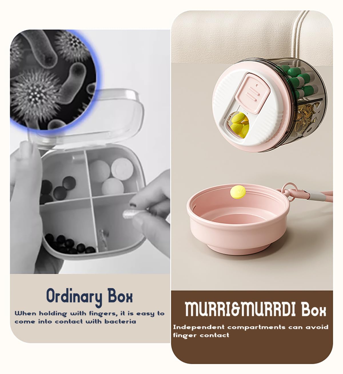 MURRI&MURRDI travel medicine container showing four separate internal compartments