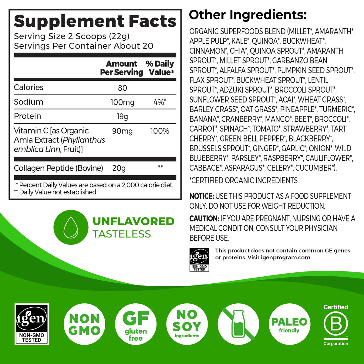 Orgain collagen powder container displaying the 20 grams grass fed collagen and Vitamin C nutrition label facts