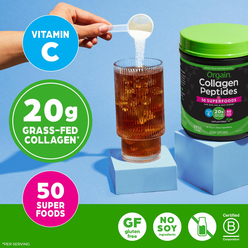 Unflavored hydrolyzed collagen supplement tub highlighting the 50 organic superfoods blend graphic illustration