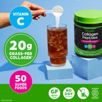 Unflavored hydrolyzed collagen supplement tub highlighting the 50 organic superfoods blend graphic illustration