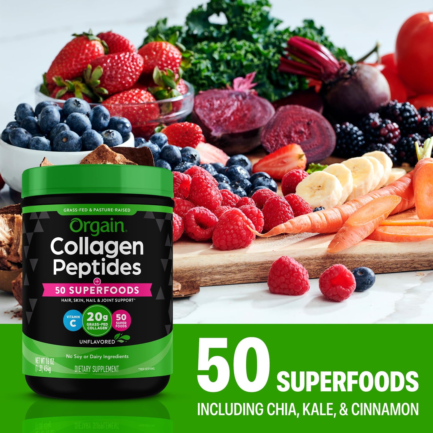 Nutrient dense unflavored collagen powder scoop placed next to clean dietary lifestyle ingredients