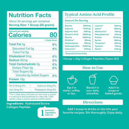 Further Food Hydrolyzed Type 1 and 3 collagen powder container displaying health benefits for skin and joints.