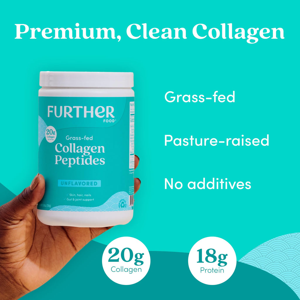 Back label of Further Food unflavored collagen peptides showcasing nutritional facts and 20 grams amino acid serving.