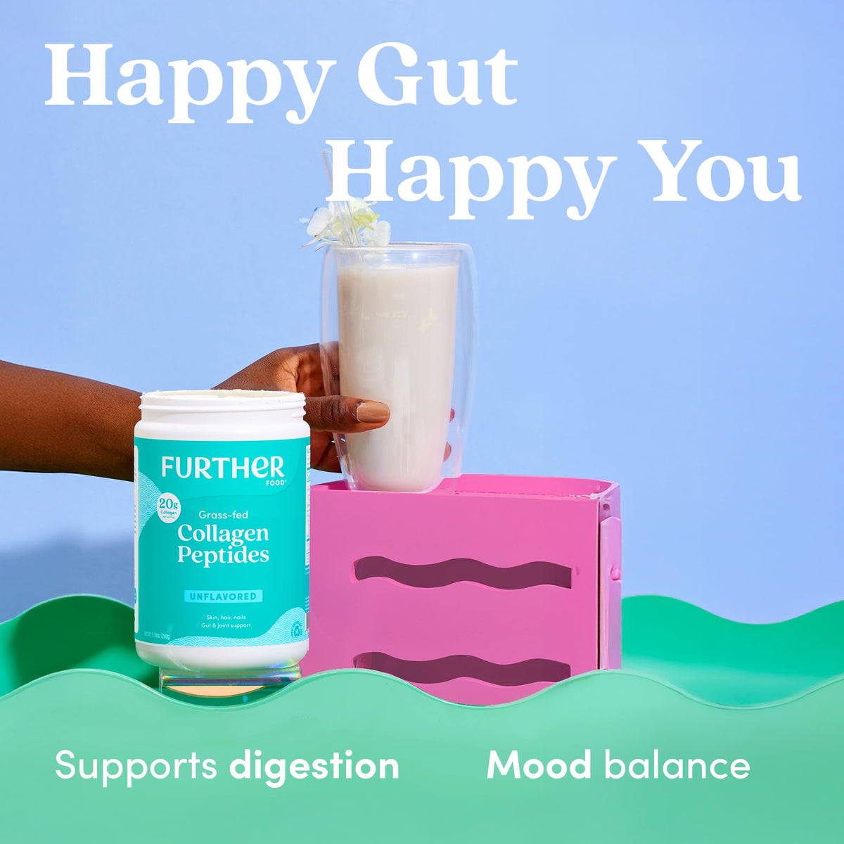 Premium imported USA beauty supplement Further Food collagen peptides container placed next to a healthy smoothie bowl.