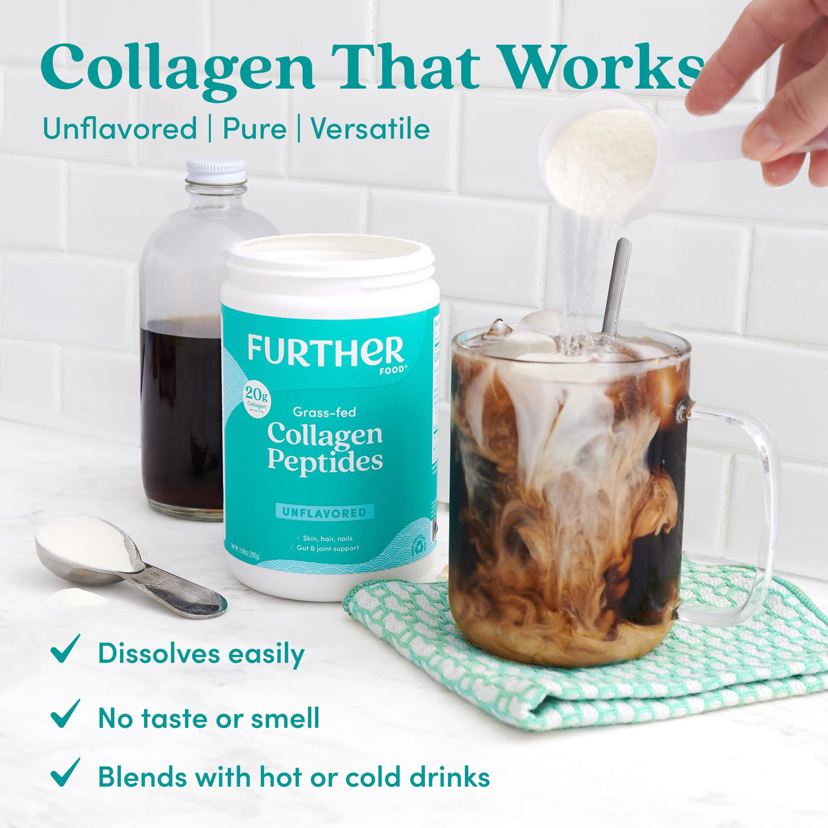 Keto and Paleo friendly Further Food unflavored collagen supplement container highlighting zero sugar and clean ingredients.