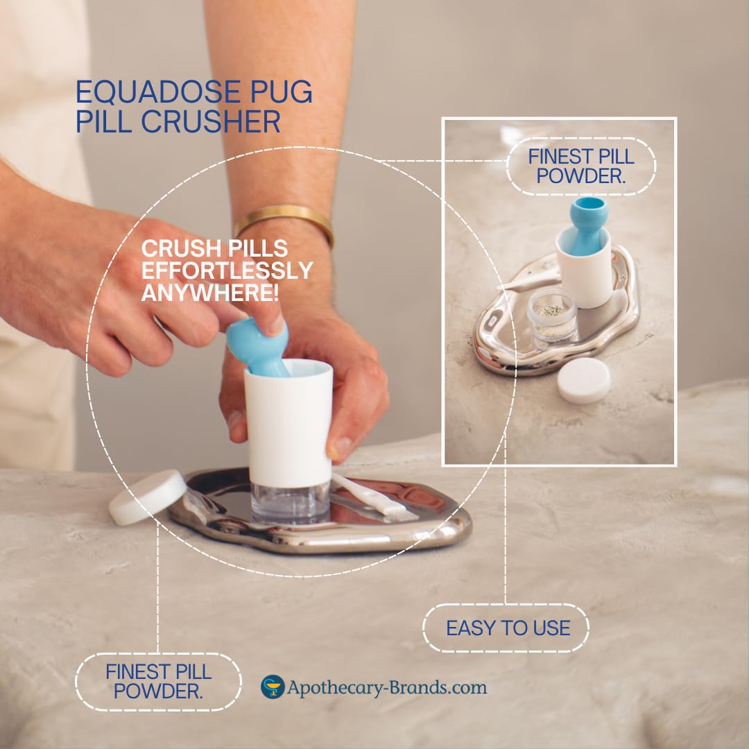EQUADOSE medicine grinder pulverizing tablets into fine powder for senior medication management