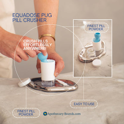 EQUADOSE medicine grinder pulverizing tablets into fine powder for senior medication management