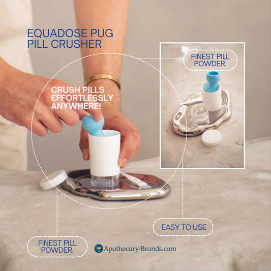 EQUADOSE medicine grinder pulverizing tablets into fine powder for senior medication management