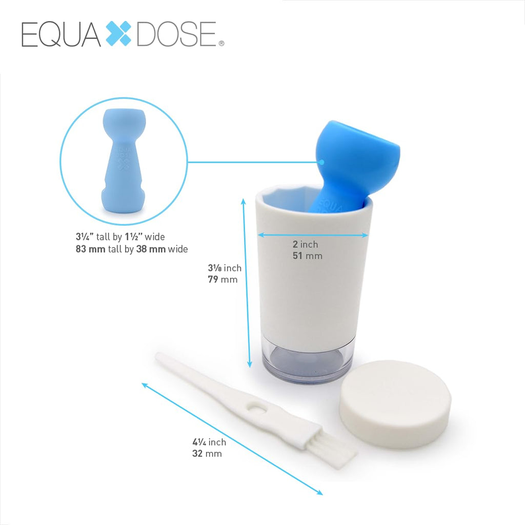 EQUADOSE compact tablet crusher with clear storage jar and travel lid detached