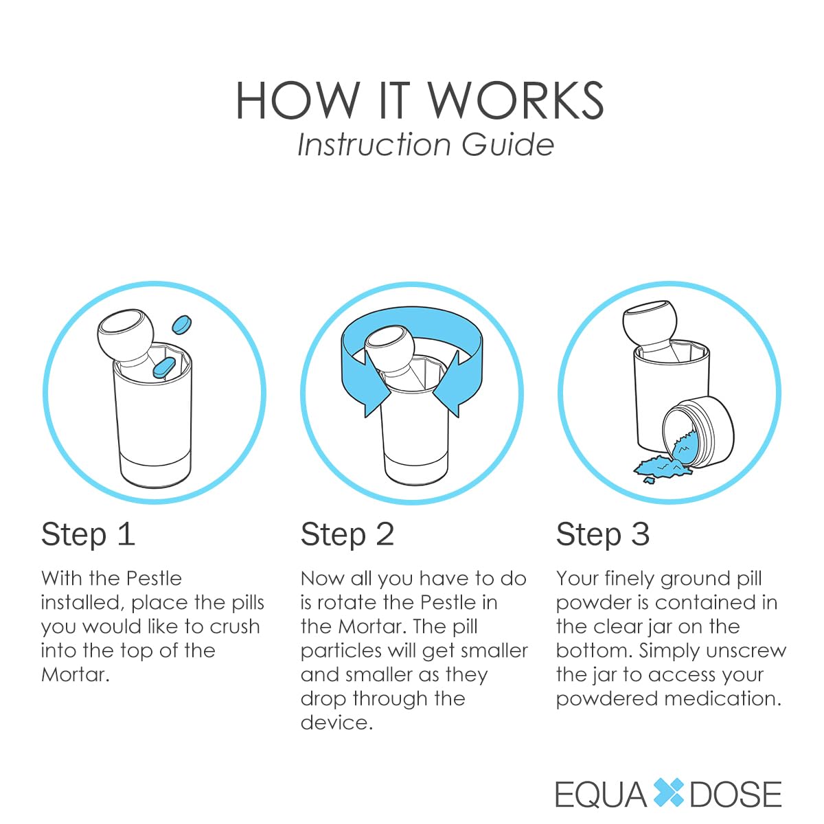 EQUADOSE handheld pill pulverizer with small cleaning brush included for easy maintenance