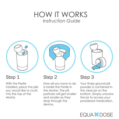 EQUADOSE handheld pill pulverizer with small cleaning brush included for easy maintenance