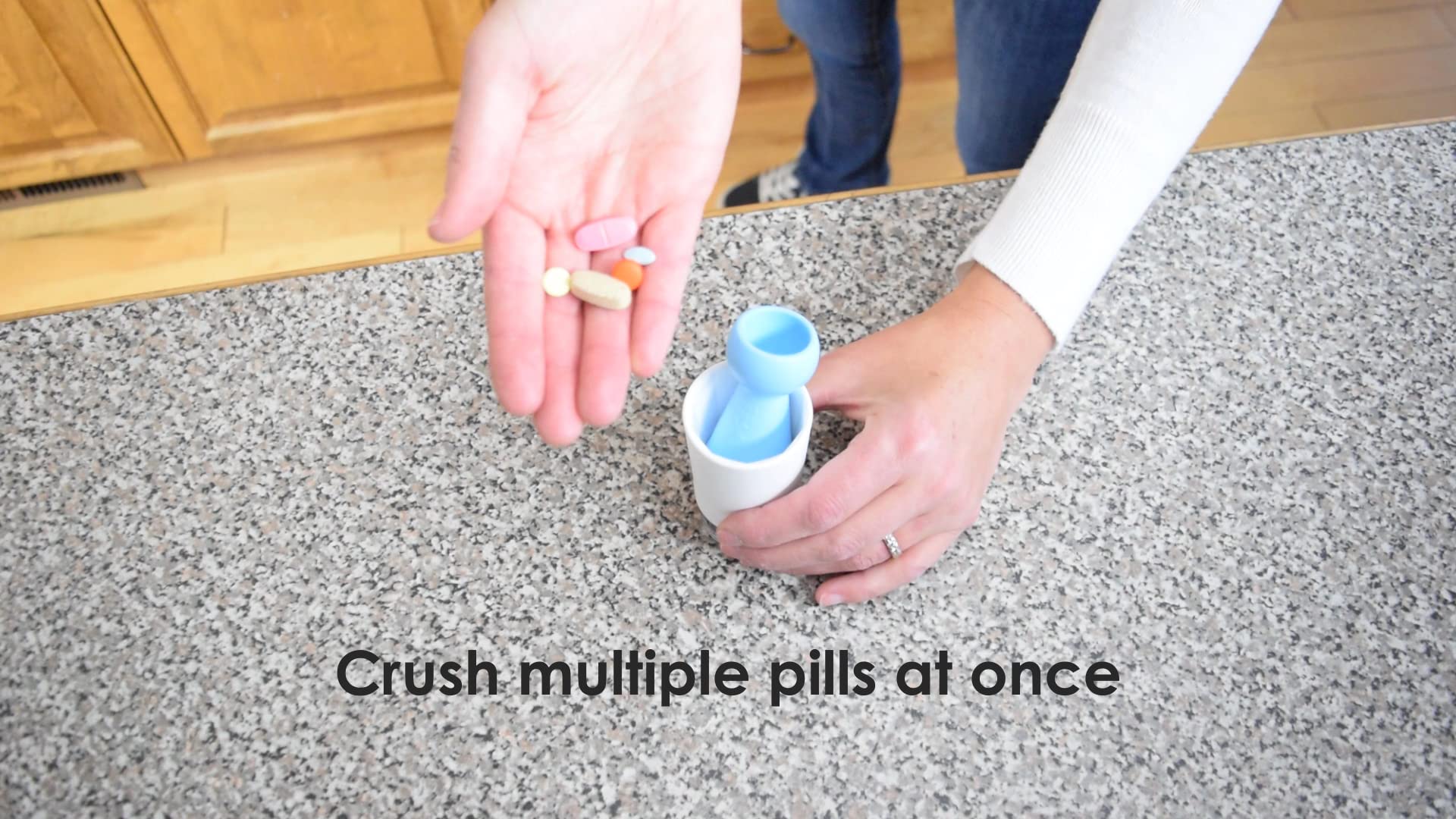 EQUADOSE travel friendly pill crusher packed securely with its portable base container