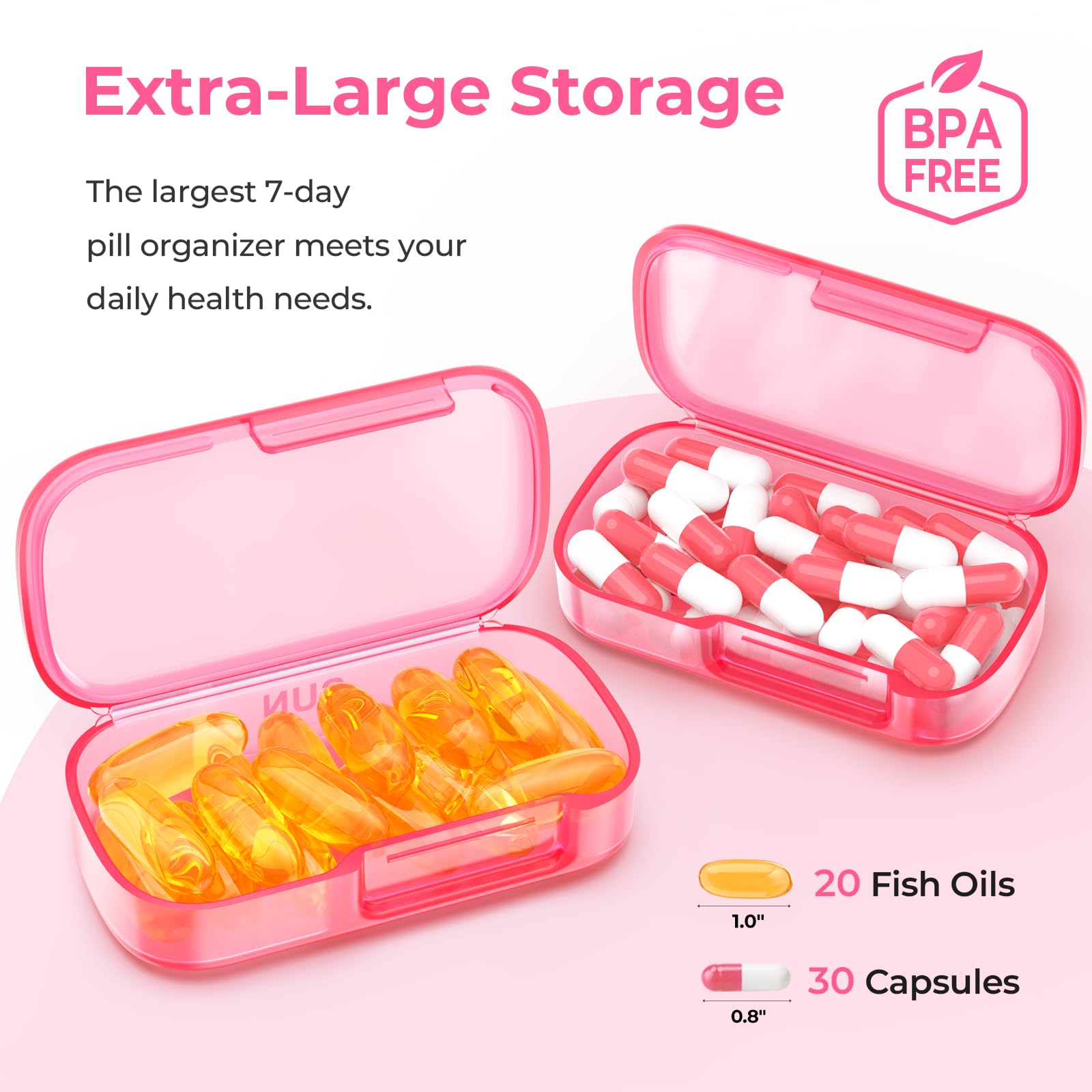 AUVON seven day travel pill container showing an individual pink translucent pod being placed into a purse pocket