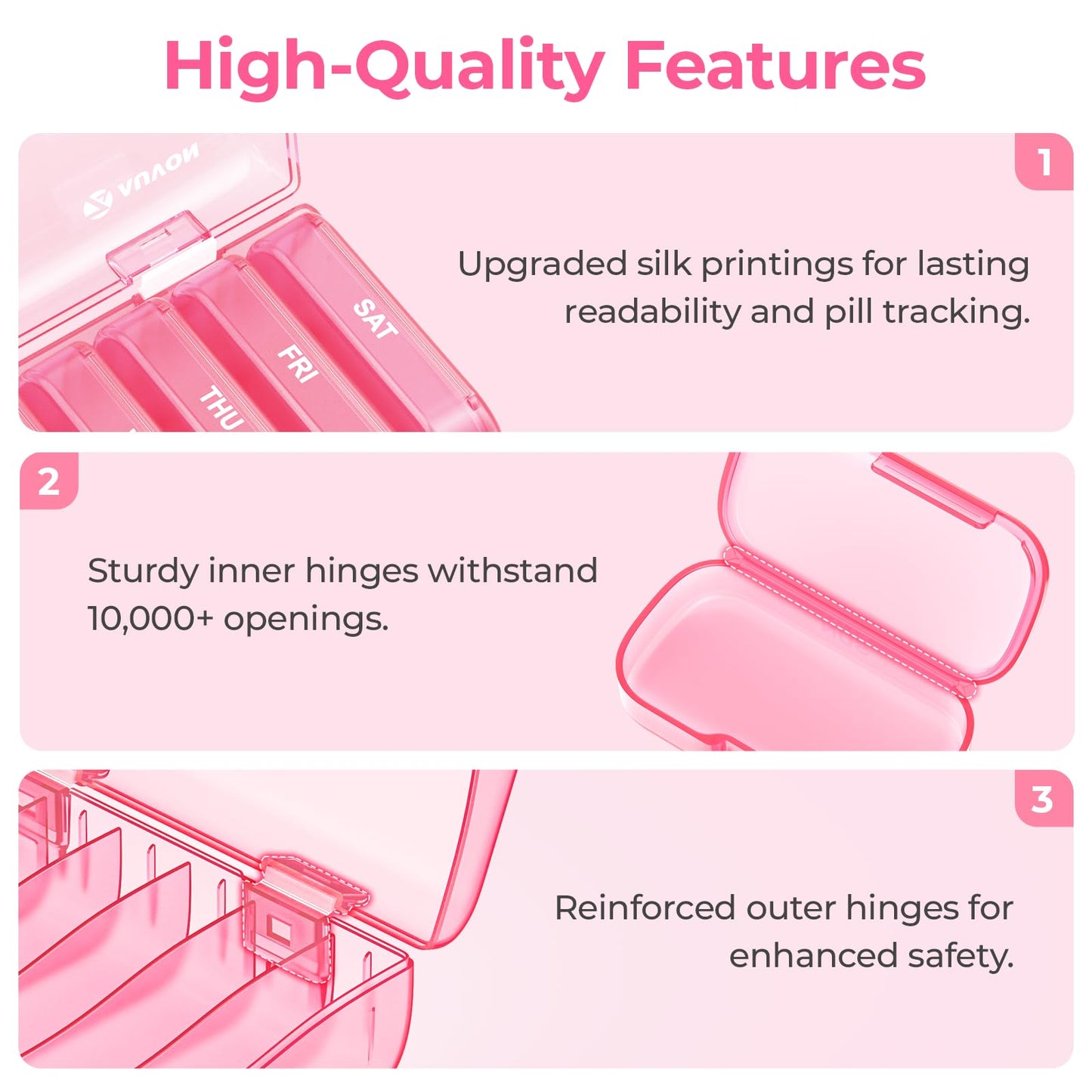 AUVON arthritis friendly vitamin planner highlighting the upgraded easy opening wide lids and reinforced hinges