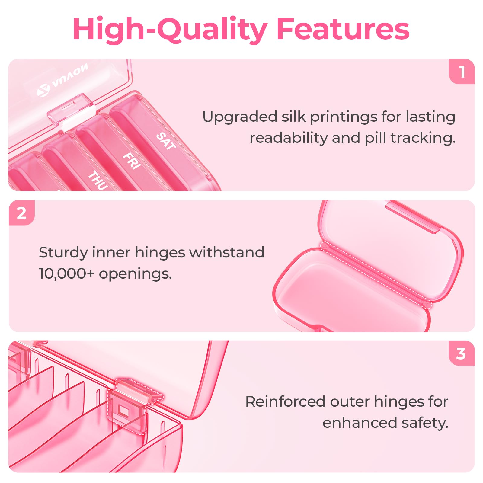 AUVON arthritis friendly vitamin planner highlighting the upgraded easy opening wide lids and reinforced hinges