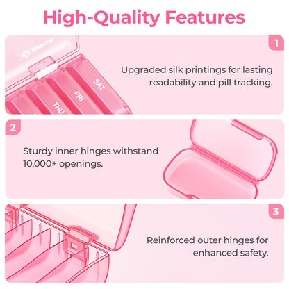 AUVON arthritis friendly vitamin planner highlighting the upgraded easy opening wide lids and reinforced hinges