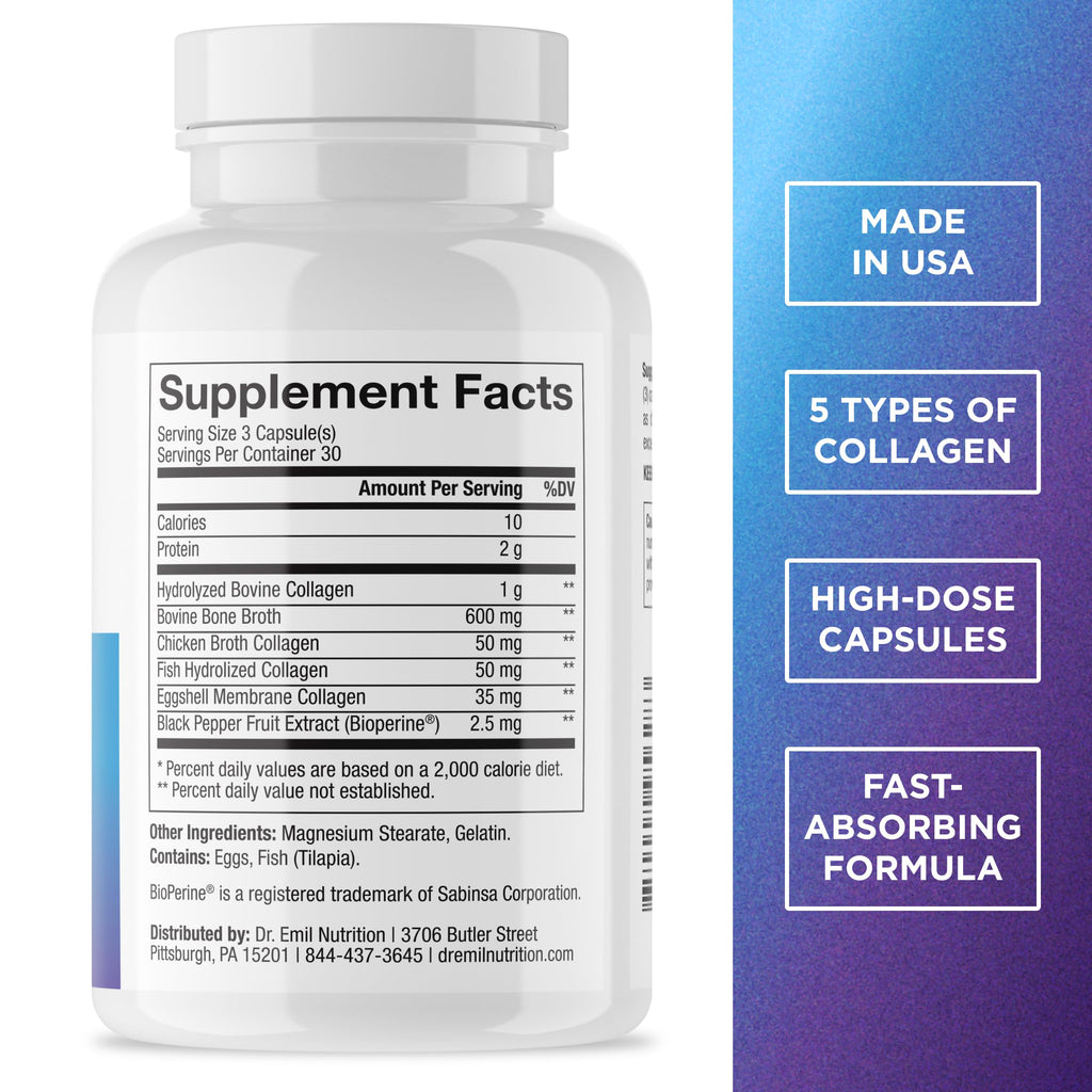 Dr. Emil Nutrition Multi Collagen Plus five phase peptide blend supplement fact label.
