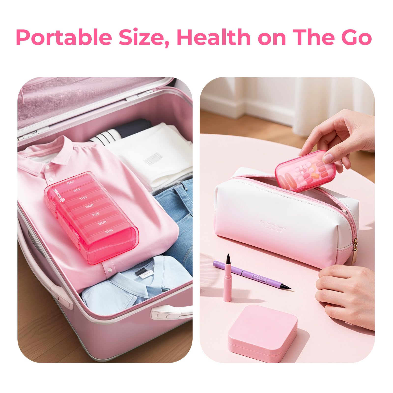 AUVON portable moisture resistant pill organizer showing the durable silk printed weekday labels from Monday to Sunday