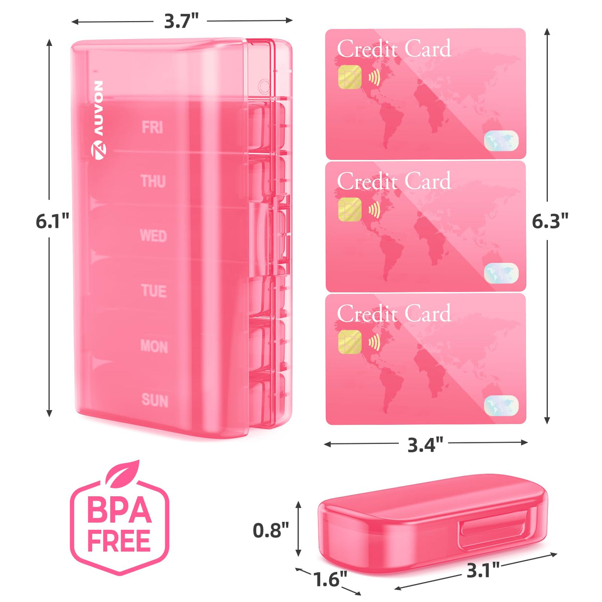 AUVON compact weekly supplement holder flat lay view demonstrating the dual layer snap shut secure closure mechanism