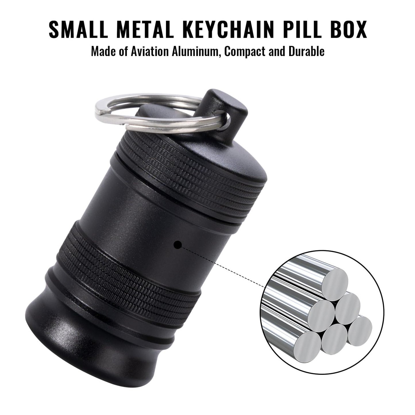 Compact and lightweight pocket pill organizer keychain for outdoor camping and travel.
