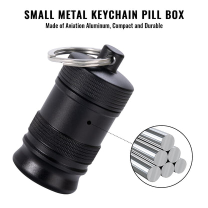 Compact and lightweight pocket pill organizer keychain for outdoor camping and travel.