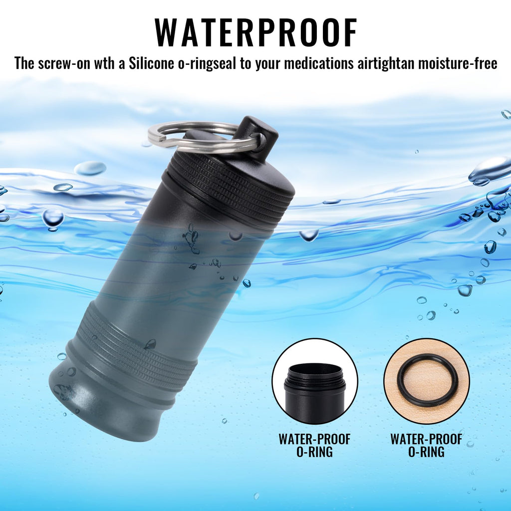 Waterproof mini aluminum medication case showing the durable screw top lid.