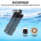 Waterproof mini aluminum medication case showing the durable screw top lid.