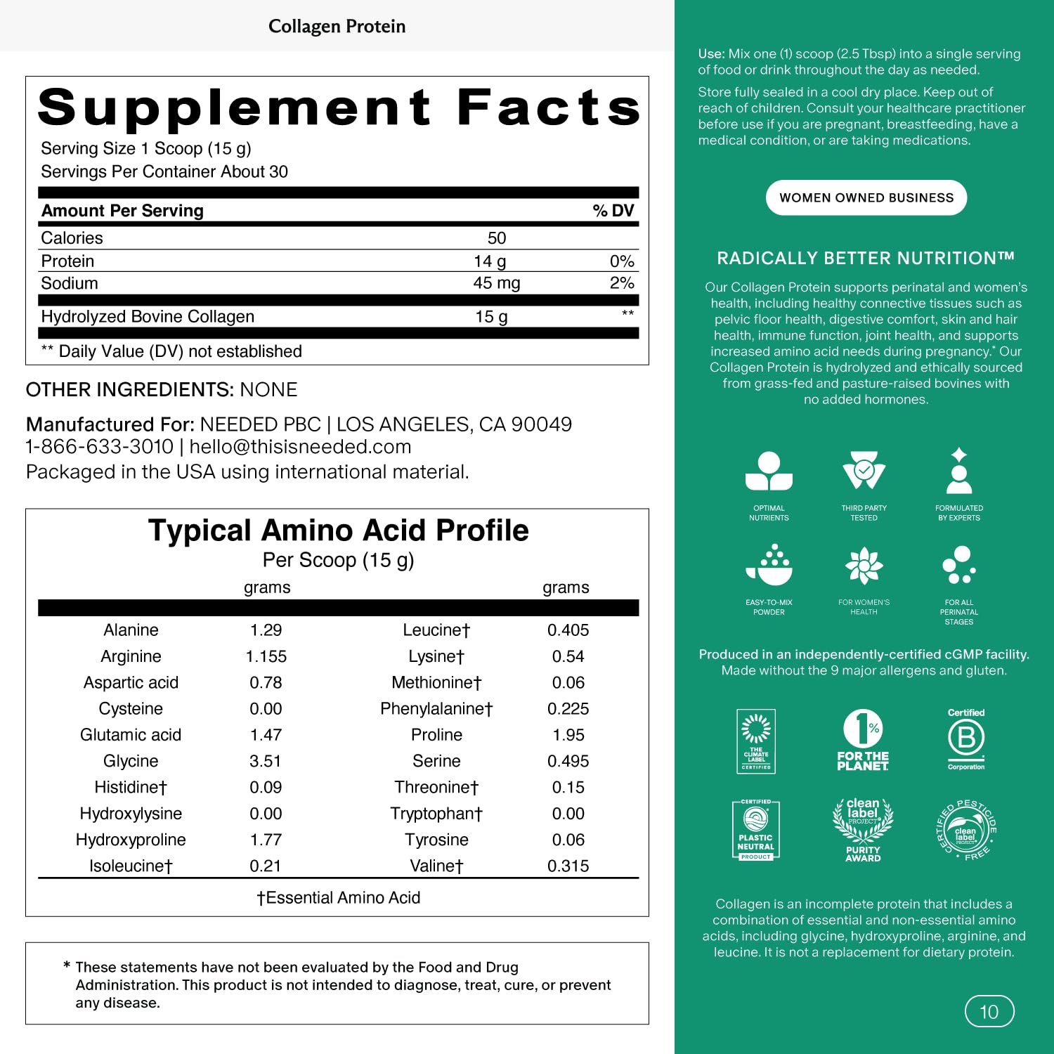Needed prenatal collagen supplement nutritional information panel showing protein content