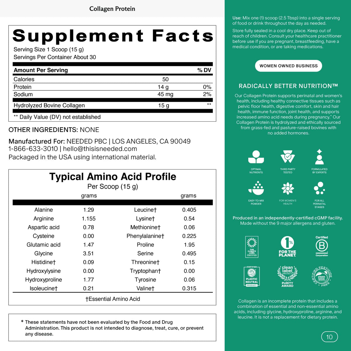 Needed prenatal collagen supplement nutritional information panel showing protein content