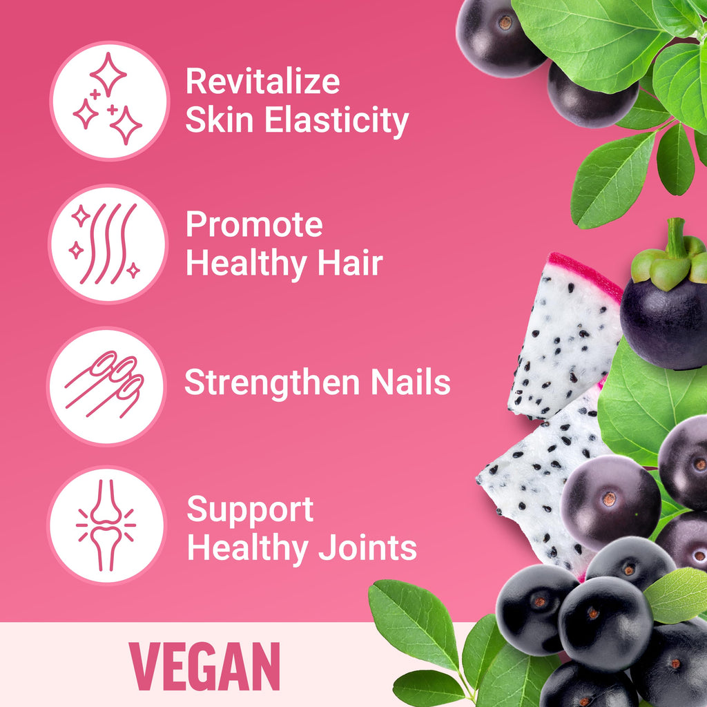 Force Factor vegan collagen booster tropical fruit flavor individually wrapped chews packaging.