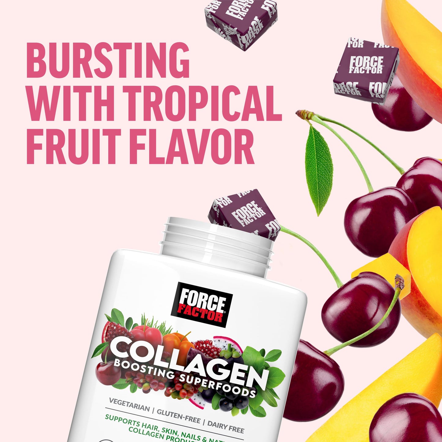 Supplement facts and ingredients label of Force Factor plant based collagen boosting superfoods.